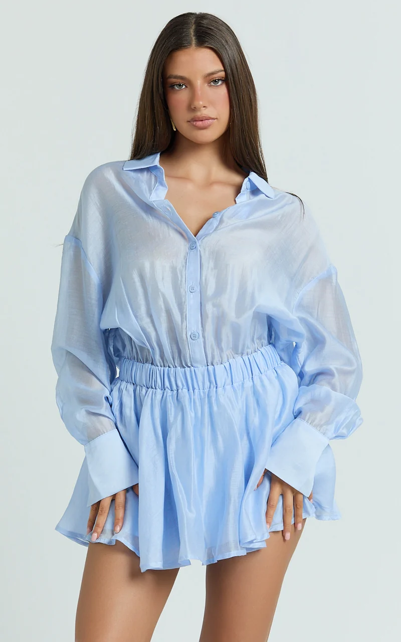 Pascal Mini Dress - Button Down Elastic Waist Shirt Dress in Cornflower Blue