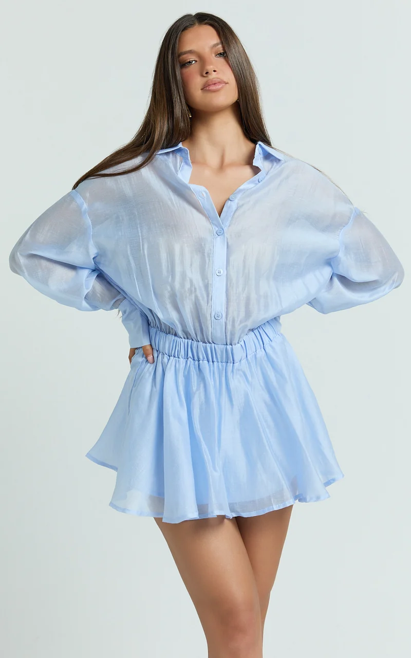 Pascal Mini Dress - Button Down Elastic Waist Shirt Dress in Cornflower Blue
