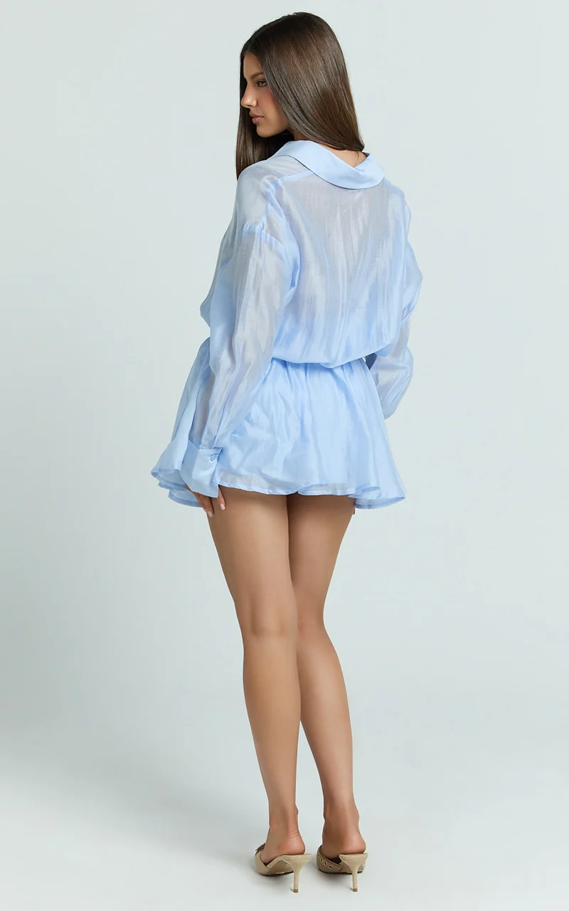 Pascal Mini Dress - Button Down Elastic Waist Shirt Dress in Cornflower Blue
