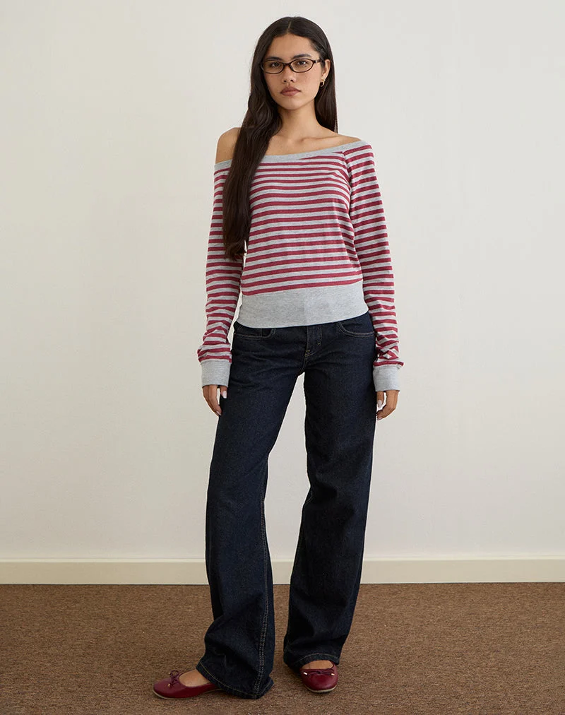 Yacin Slouchy Top in Grey and Burgundy Stripe (Top souple à rayures grises et bourgogne)