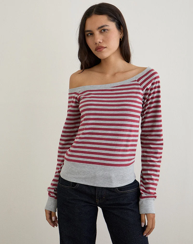 Yacin Slouchy Top in Grey and Burgundy Stripe (Top souple à rayures grises et bourgogne)