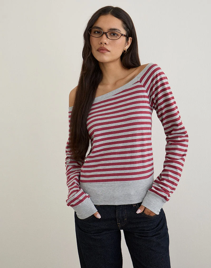 Yacin Slouchy Top in Grey and Burgundy Stripe (Top souple à rayures grises et bourgogne)