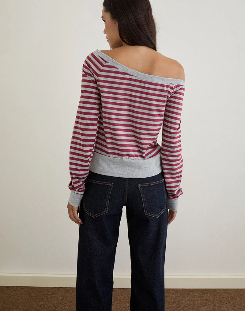 Yacin Slouchy Top in Grey and Burgundy Stripe (Top souple à rayures grises et bourgogne)