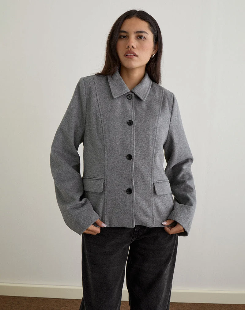 Ziya Collared Button Up Jacket in Wool Grey (Veste boutonnée à collet en laine grise)