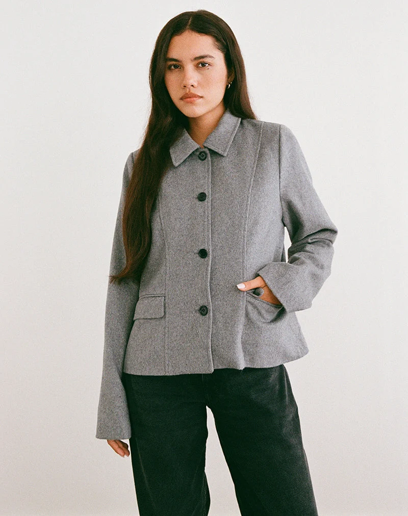 Ziya Collared Button Up Jacket in Wool Grey (Veste boutonnée à collet en laine grise)