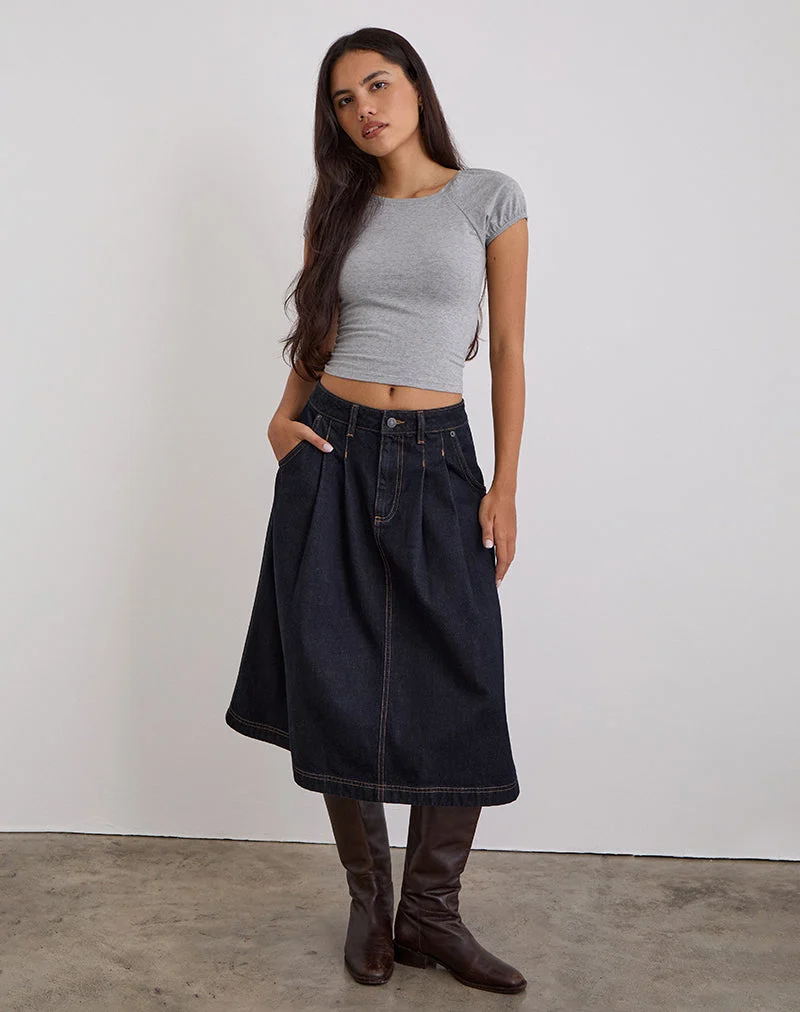 Jupe midi plissée en denim, indigo