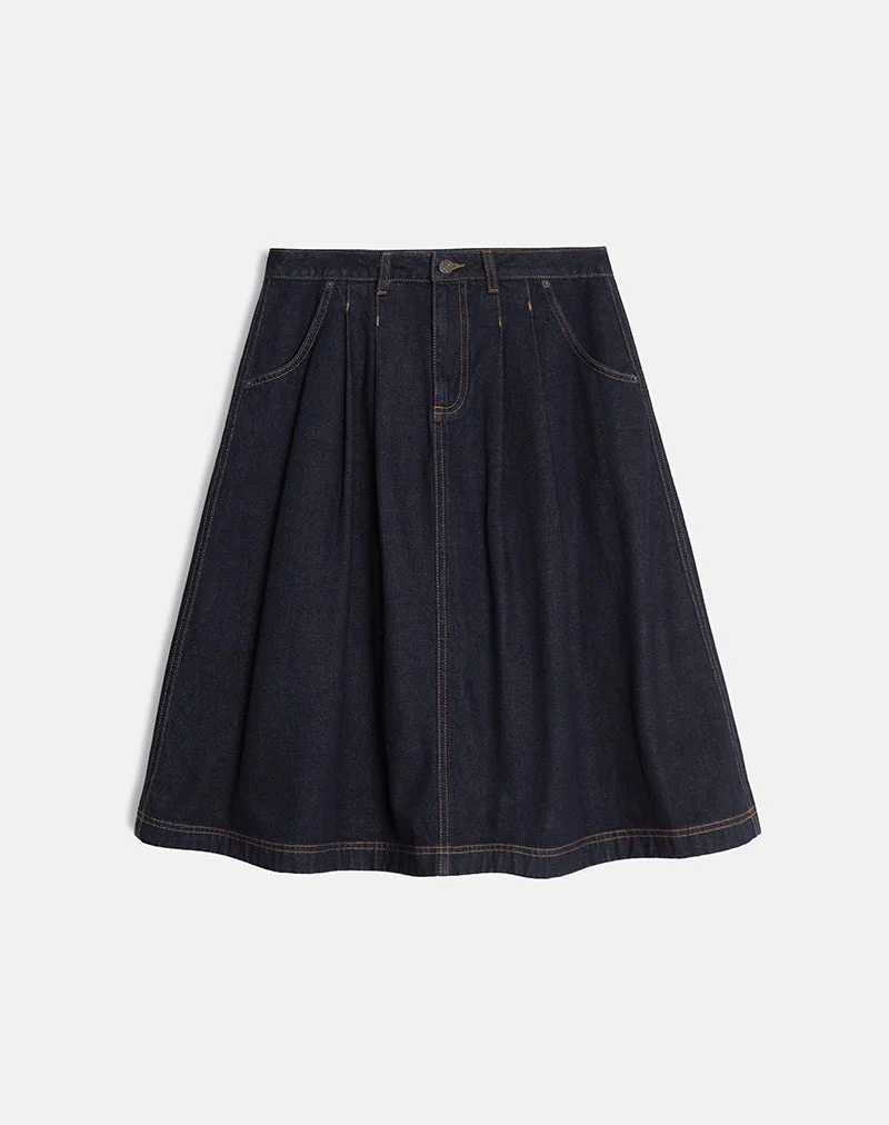 Jupe midi plissée en denim, indigo