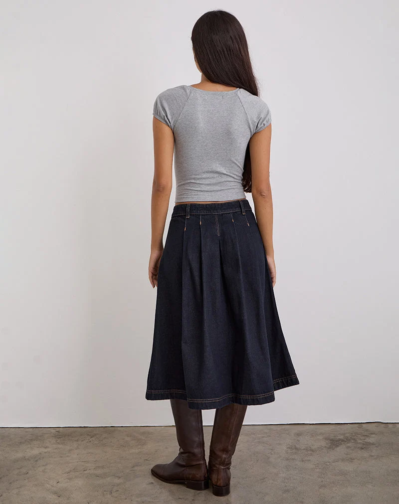 Jupe midi plissée en denim, indigo