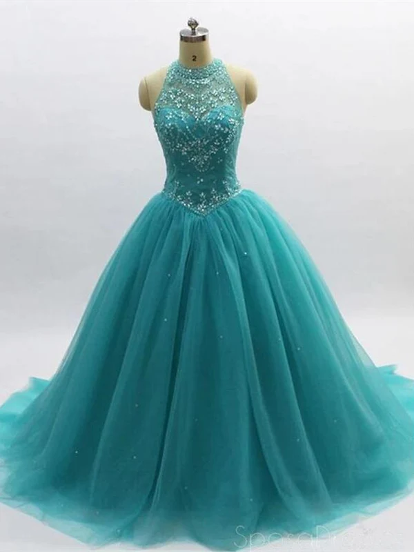 Robe de Quinceanera turquoise à dos ouvert et col licou avec perles à taille basse