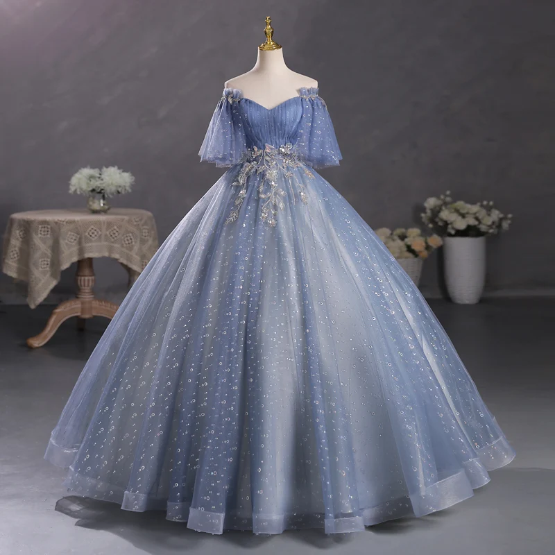 Robe de Quinceanera bleu poussiéreux à épaules dénudées, robe de bal masquée
