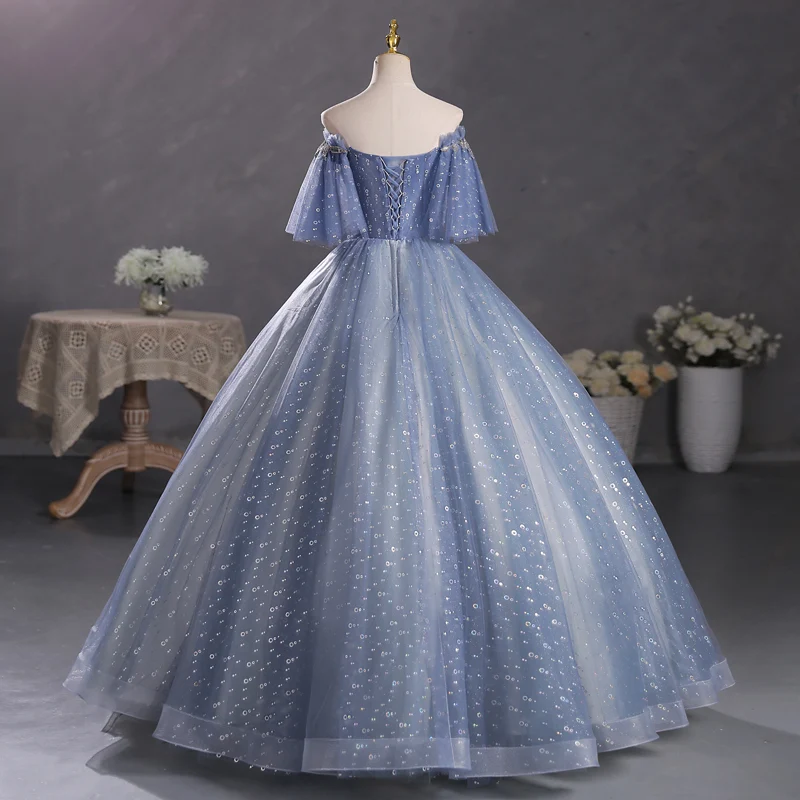 Robe de Quinceanera bleu poussiéreux à épaules dénudées, robe de bal masquée