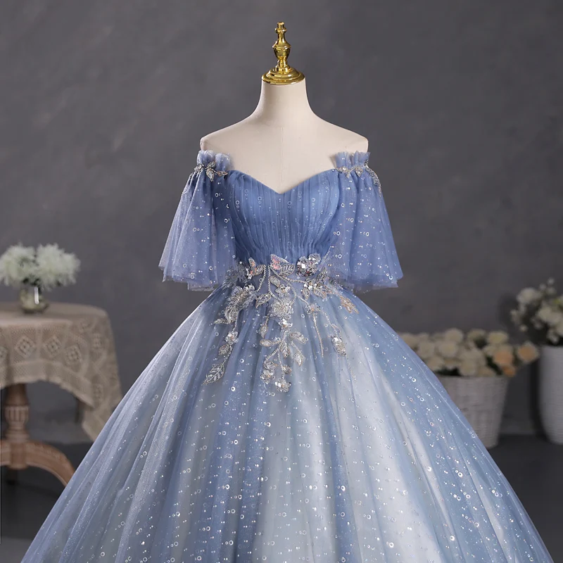 Robe de Quinceanera bleu poussiéreux à épaules dénudées, robe de bal masquée