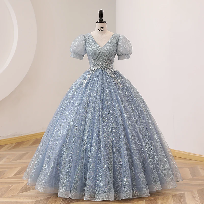 Robe de Quinceanera bleu poussiéreux à col en V