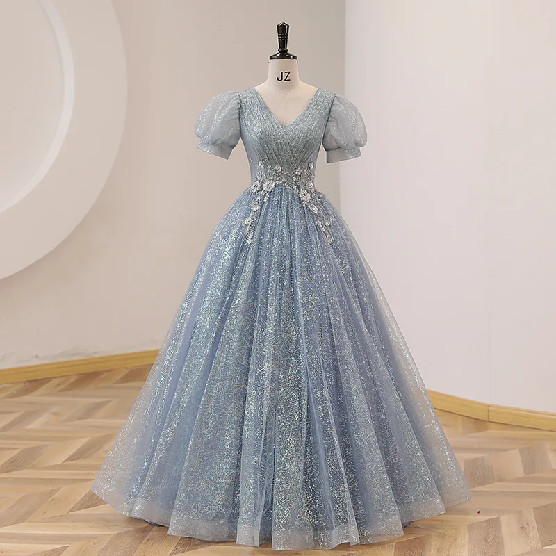 Robe de Quinceanera bleu poussiéreux à col en V