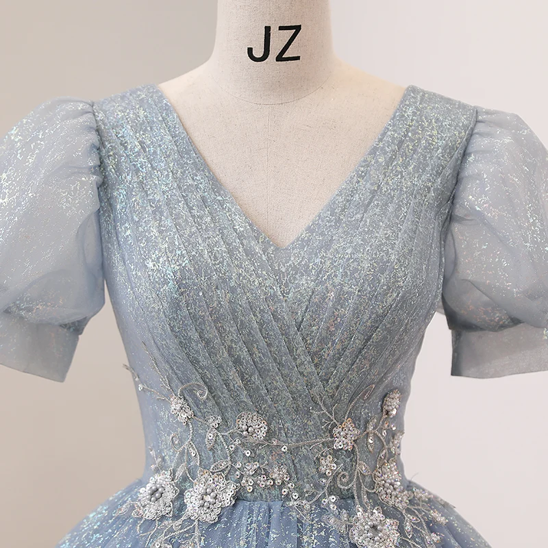 Robe de Quinceanera bleu poussiéreux à col en V