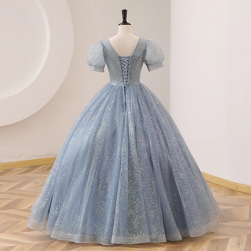 Robe de Quinceanera bleu poussiéreux à col en V