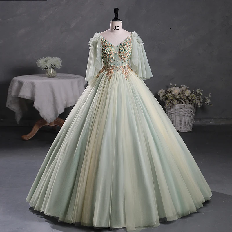 Robe de bal de mascarade en tulle transparent vert sauge, robe de Quinceanera