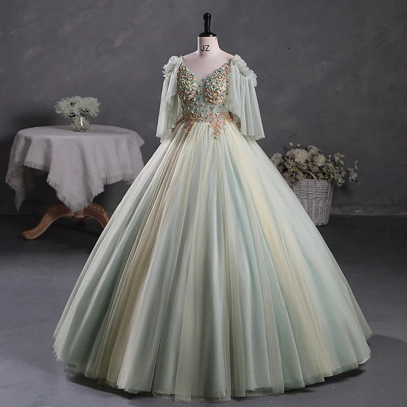 Robe de bal de mascarade en tulle transparent vert sauge, robe de Quinceanera