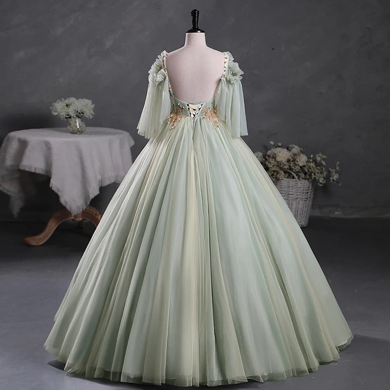 Robe de bal de mascarade en tulle transparent vert sauge, robe de Quinceanera
