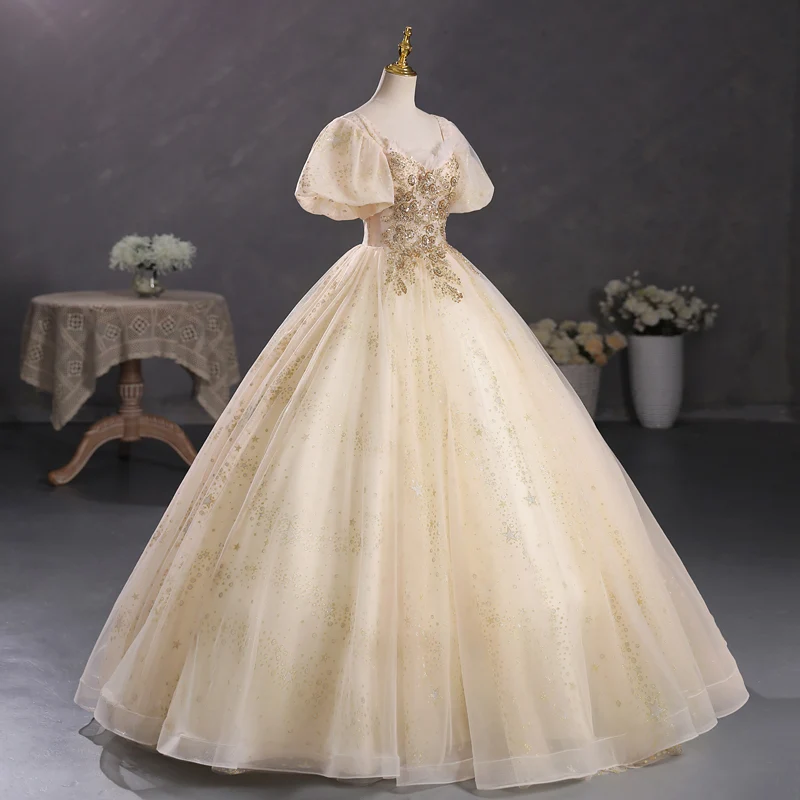 Robe de bal de mascarade dorée avec haut en dentelle scintillante, robe de Quinceanera