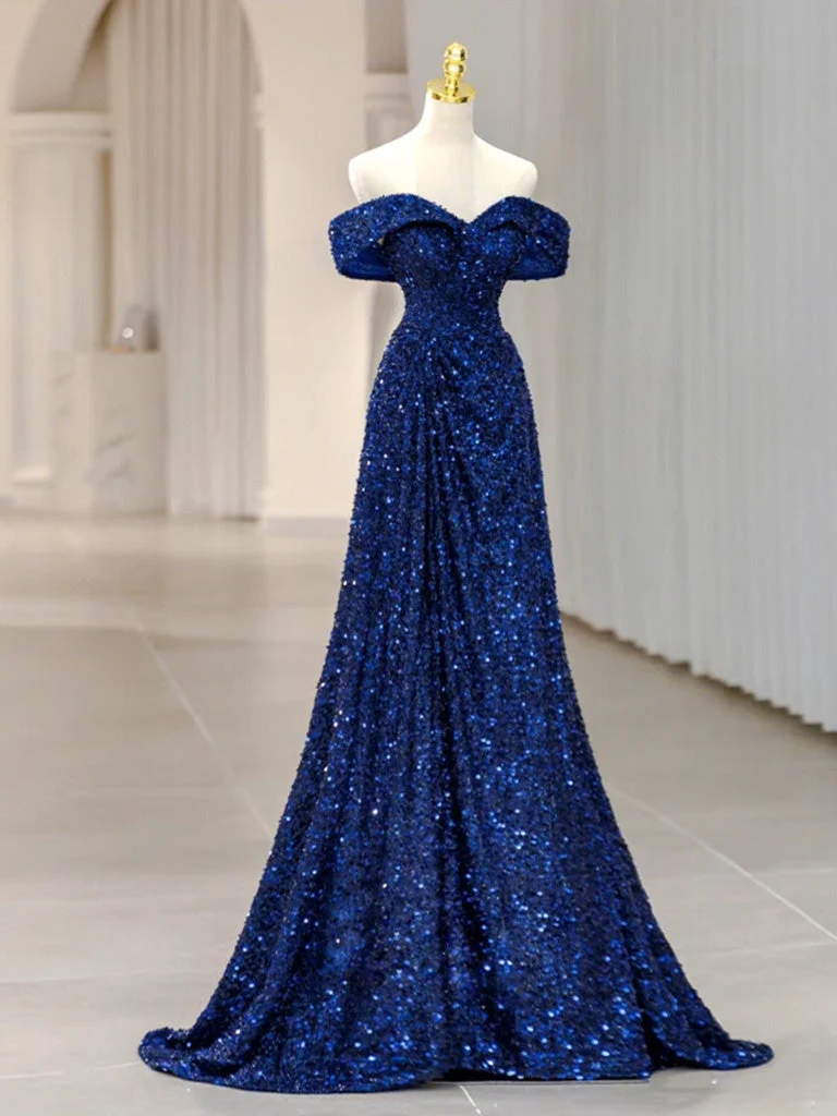 Robe de bal classique à paillettes bleues et épaules dénudées