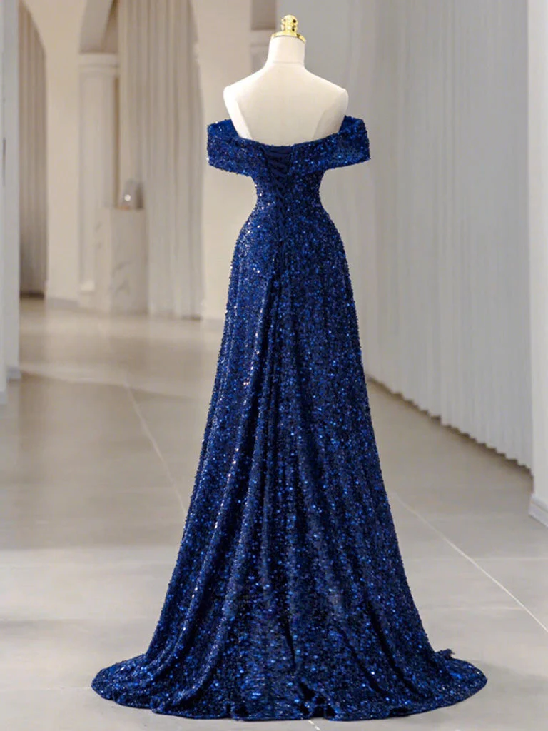 Robe de bal classique à paillettes bleues et épaules dénudées