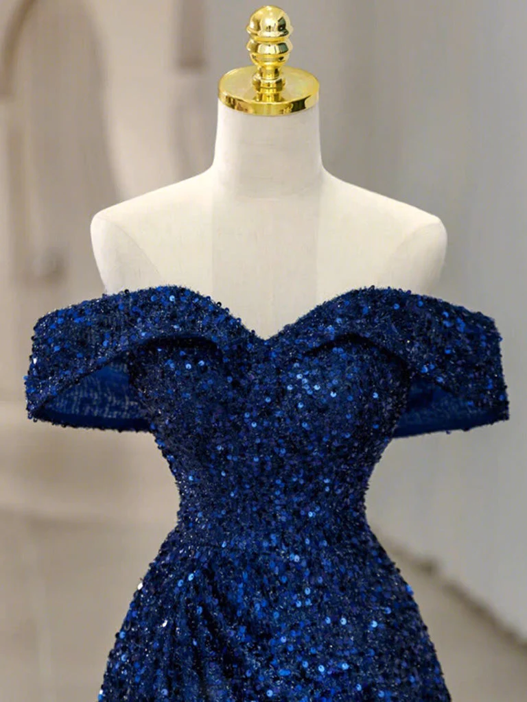 Robe de bal classique à paillettes bleues et épaules dénudées