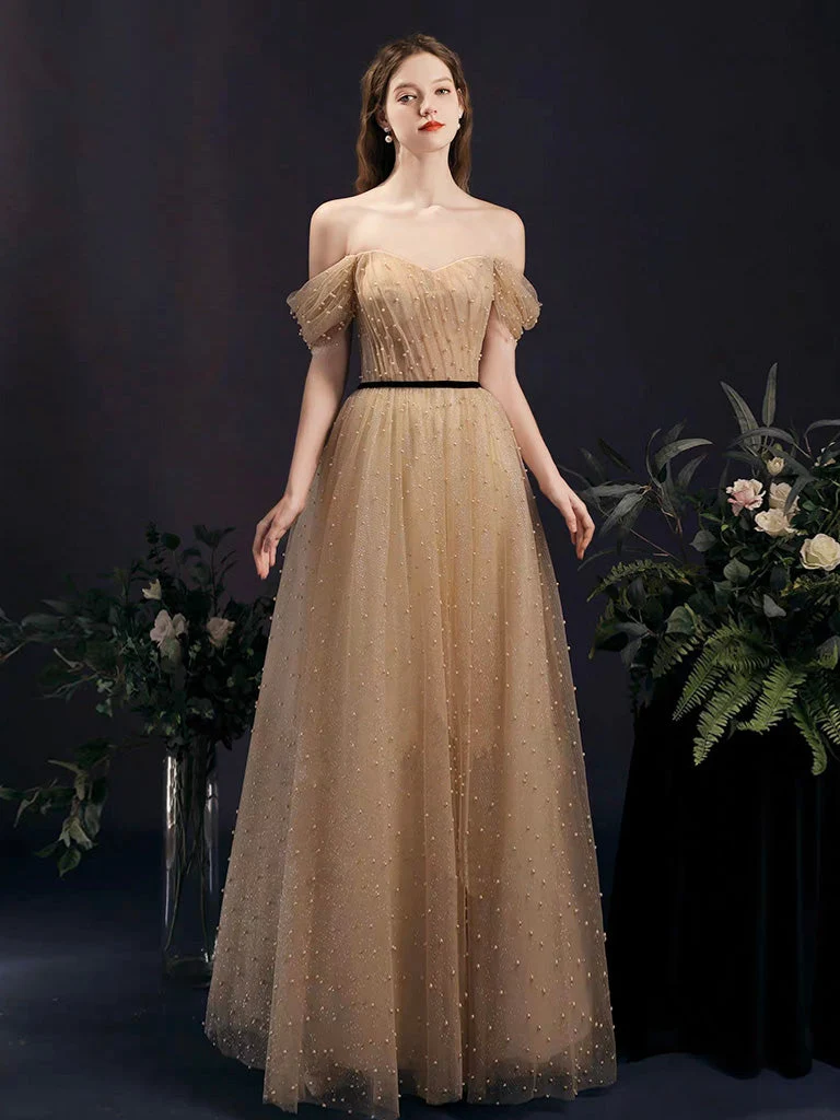 Robe de bal champagne illusion à épaules dénudées avec ceinture noire