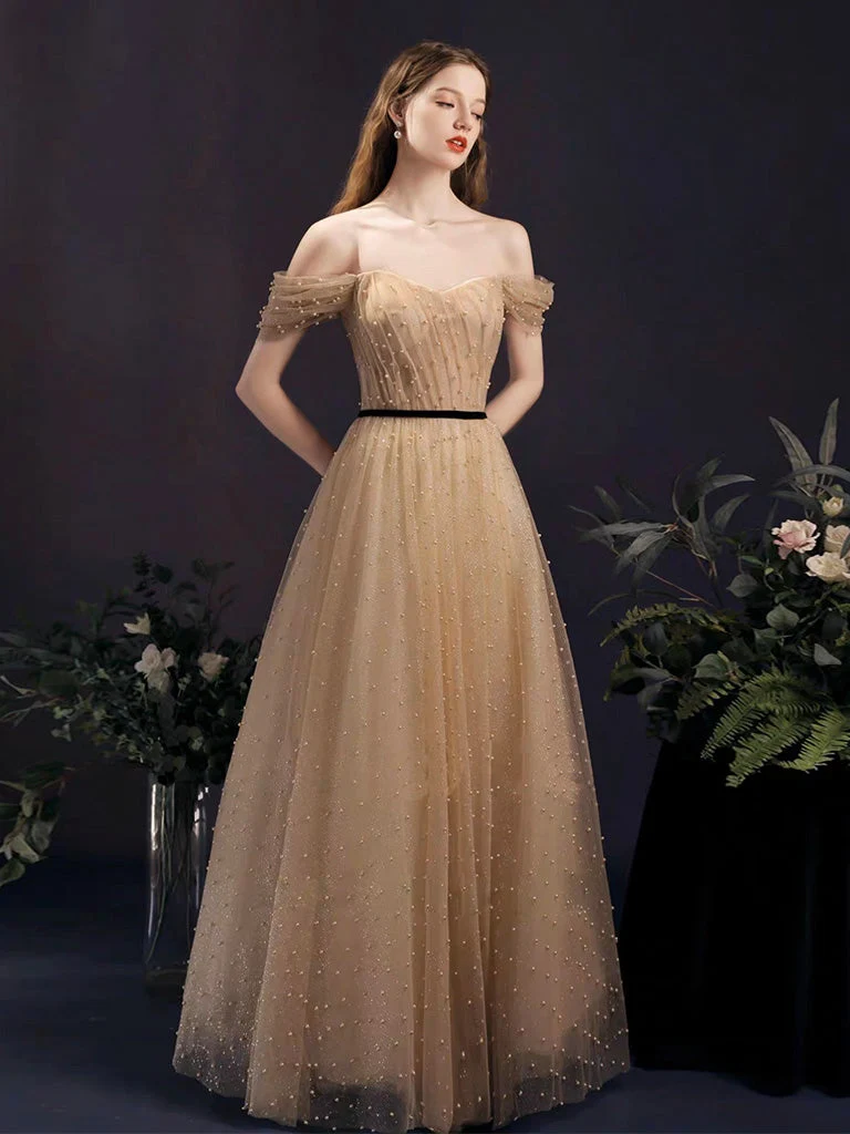 Robe de bal champagne illusion à épaules dénudées avec ceinture noire