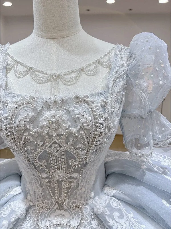 Robe de mariée victorienne traditionnelle de la cathédrale de princesse bleu pâle de luxe