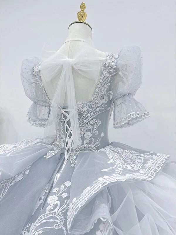 Robe de mariée victorienne traditionnelle de la cathédrale de princesse bleu pâle de luxe