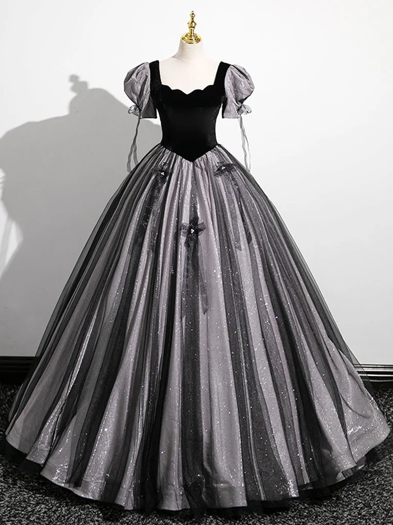 Robe de bal longue noire à taille basse avec manches courtes bulle