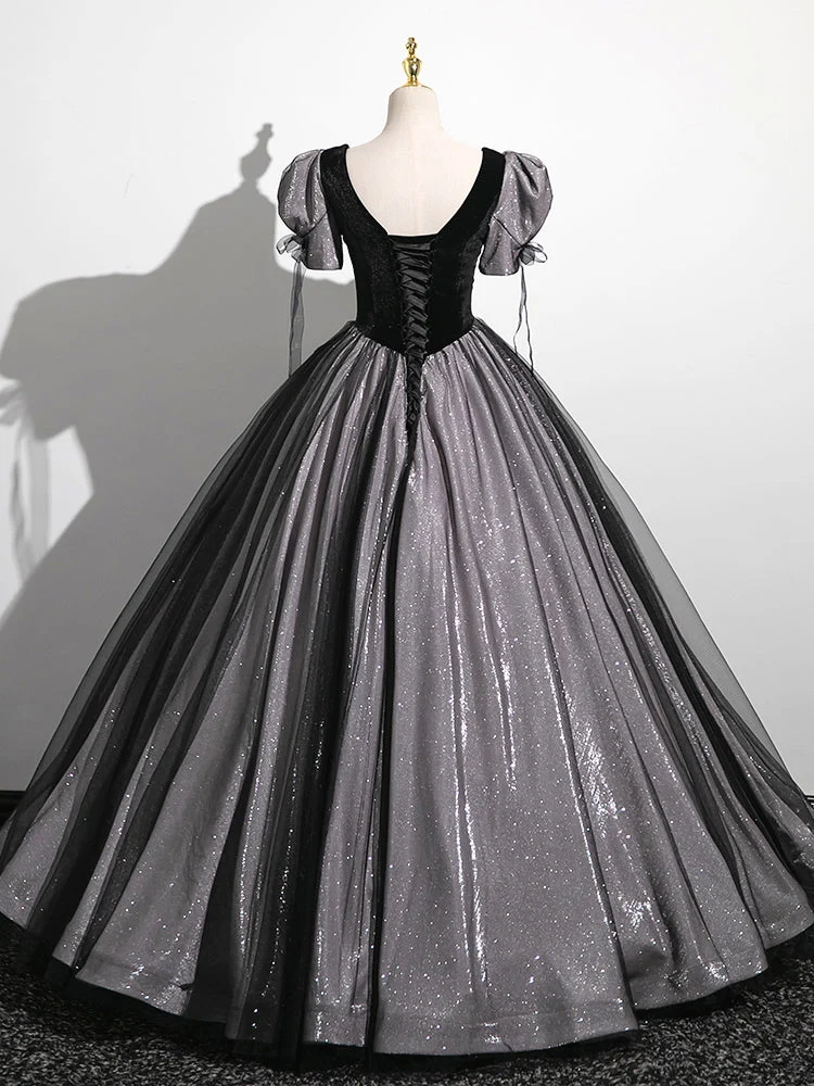 Robe de bal longue noire à taille basse avec manches courtes bulle