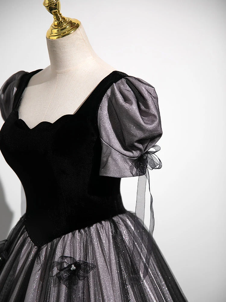 Robe de bal longue noire à taille basse avec manches courtes bulle