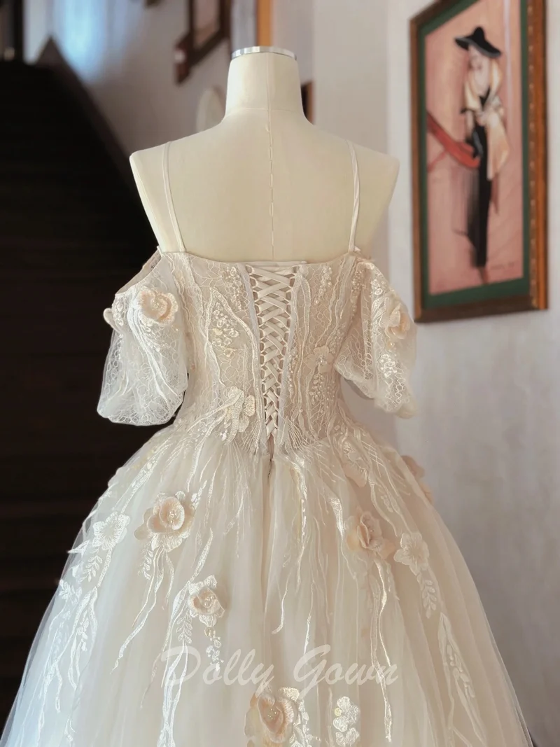 Robe de mariée champagne clair en tulle à épaules dénudées en dentelle exquise