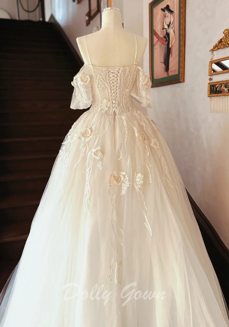 Robe de mariée champagne clair en tulle à épaules dénudées en dentelle exquise