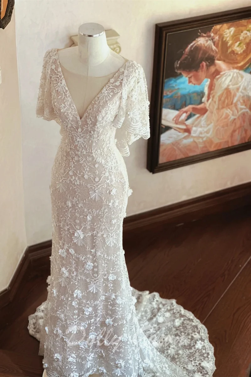 Robe de mariée sirène en dentelle à volants et mancherons
