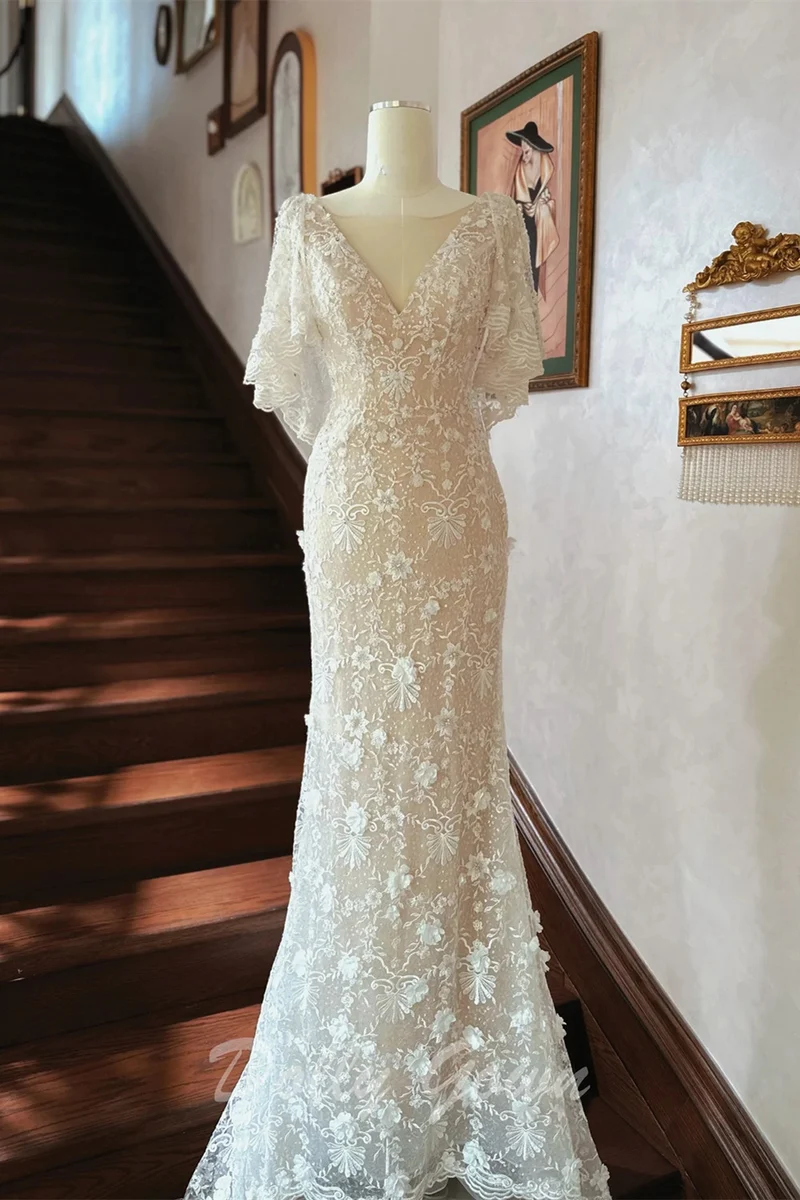 Robe de mariée sirène en dentelle à volants et mancherons