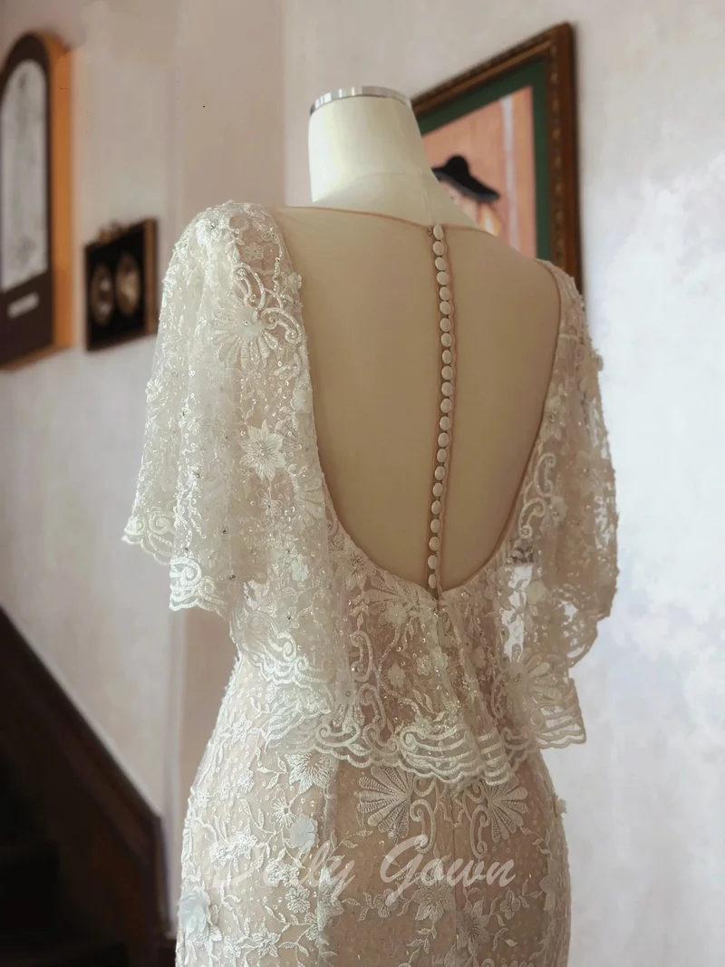 Robe de mariée sirène en dentelle à volants et mancherons