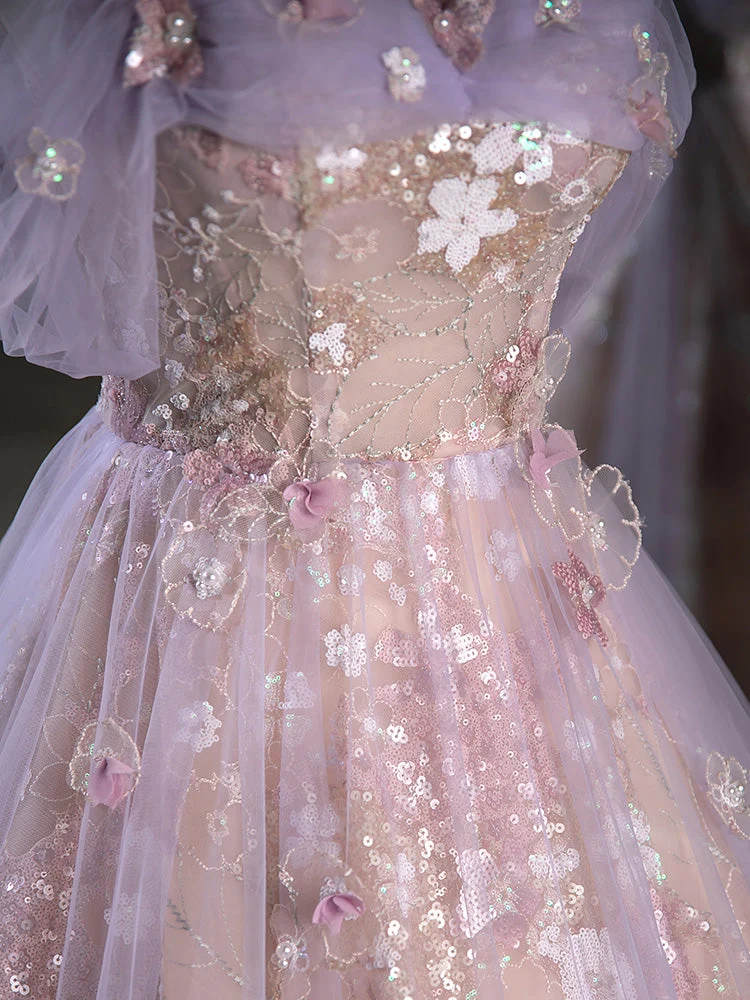 Robe de bal illusion en dentelle florale délicate à épaules dénudées
