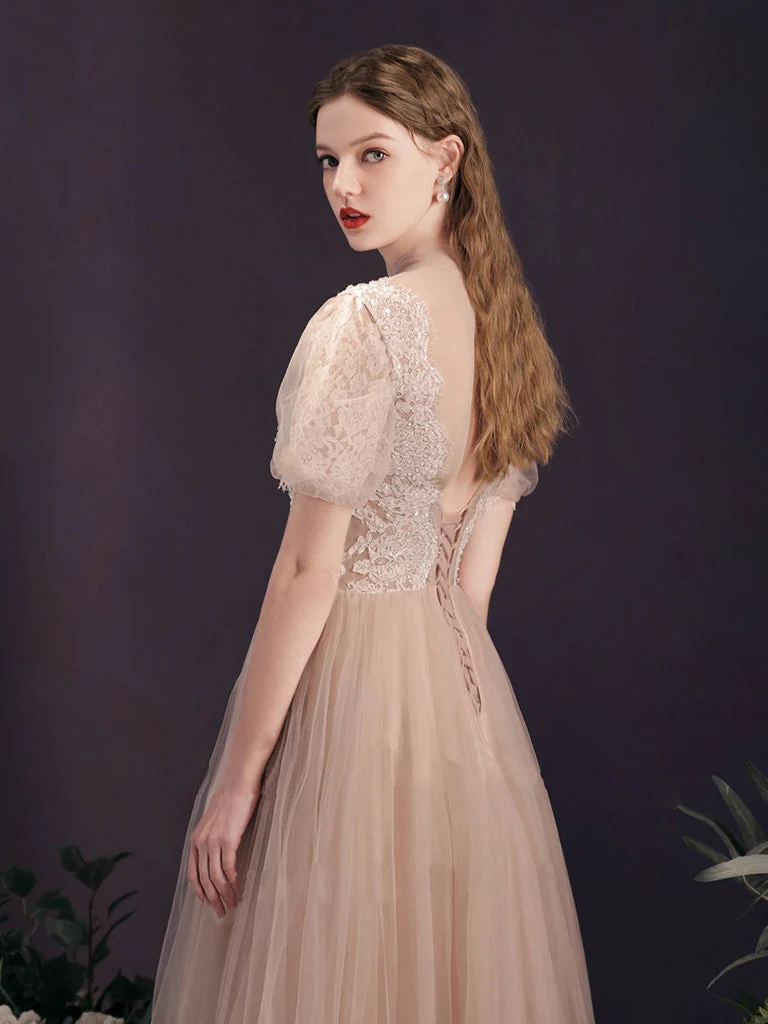 Robe de bal transparente modeste à manches courtes