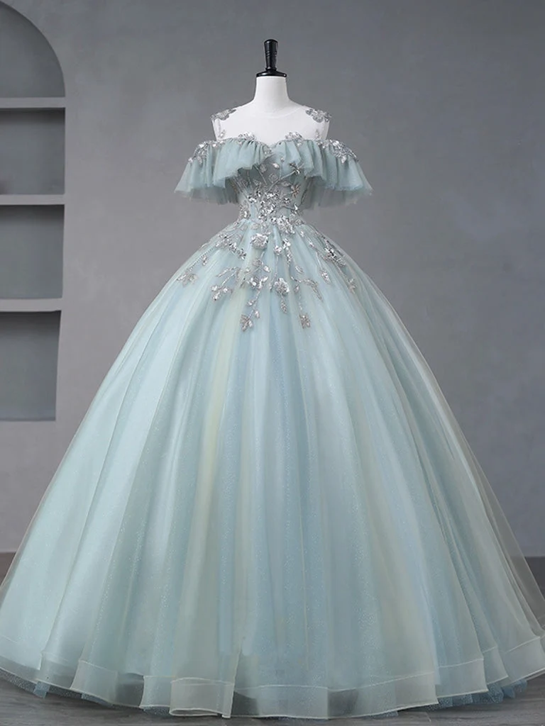Robe de bal bleu poussiéreux à épaules dénudées, robe Sweet 16