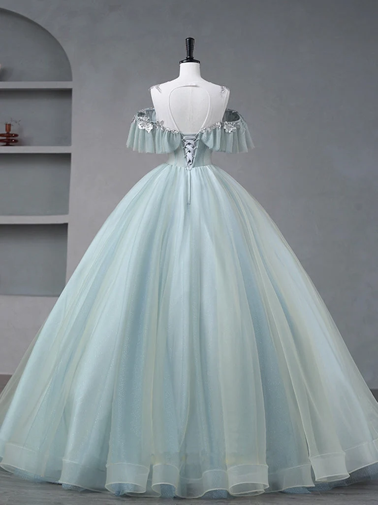 Robe de bal bleu poussiéreux à épaules dénudées, robe Sweet 16