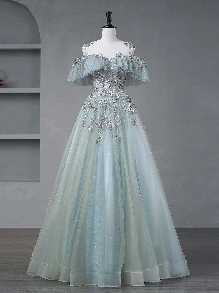 Robe de bal bleu poussiéreux à épaules dénudées, robe Sweet 16