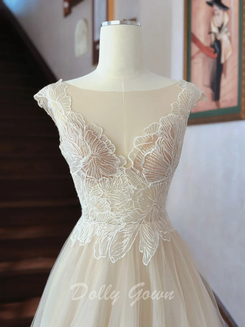Robe de mariée trapèze en dentelle Illusion de fée, robe de mariée transparente et fluide, champagne