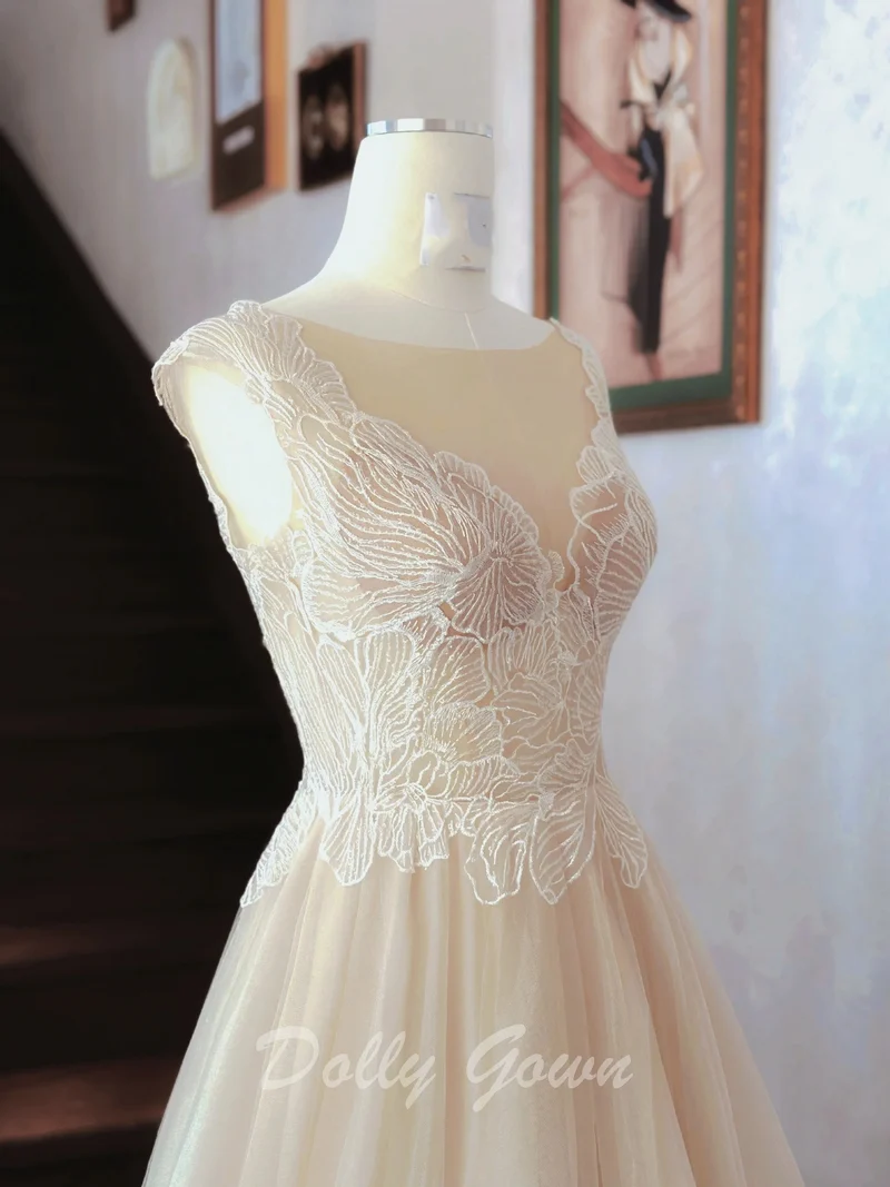 Robe de mariée trapèze en dentelle Illusion de fée, robe de mariée transparente et fluide, champagne