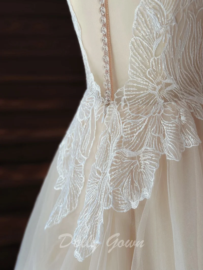 Robe de mariée trapèze en dentelle Illusion de fée, robe de mariée transparente et fluide, champagne