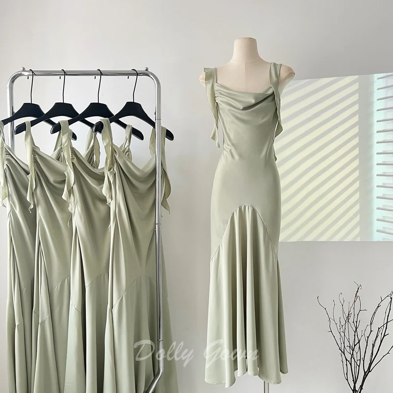 Robe longue décontractée à col bénitier vert sauge, robes de demoiselle d'honneur