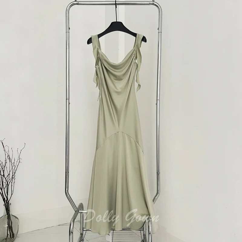 Robe longue décontractée à col bénitier vert sauge, robes de demoiselle d'honneur