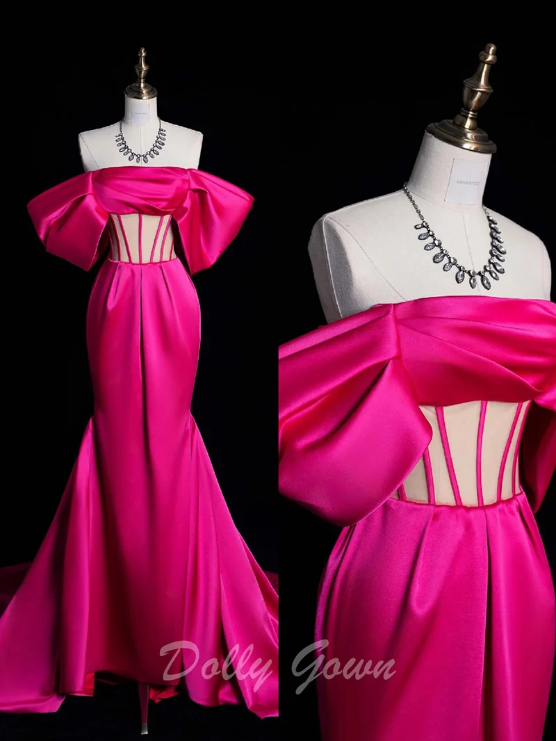 Robe de bal corset en satin rose vif à épaules dénudées